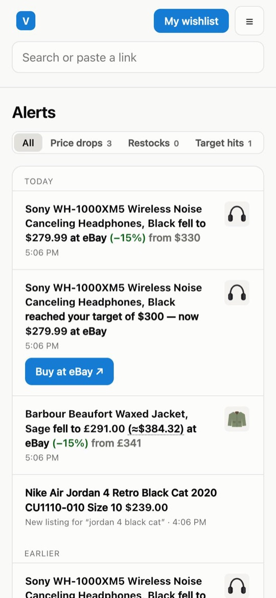 Example: alerts for a price drop and a target reached