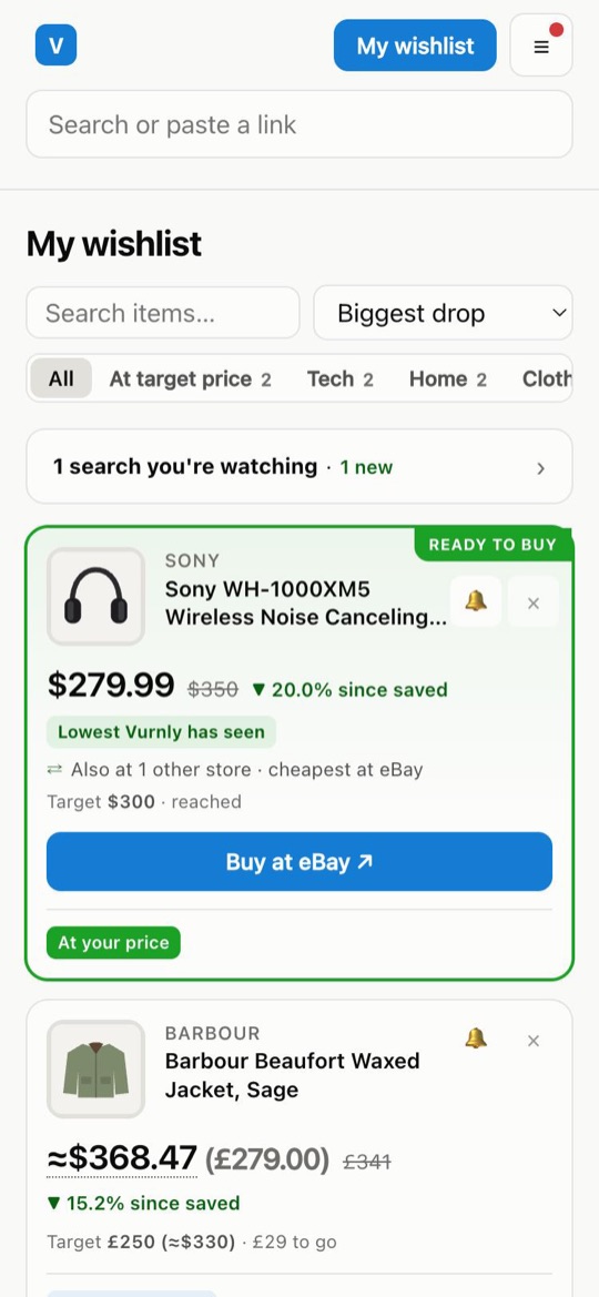 Example: a wishlist on a phone, one item at its target price with a Buy button